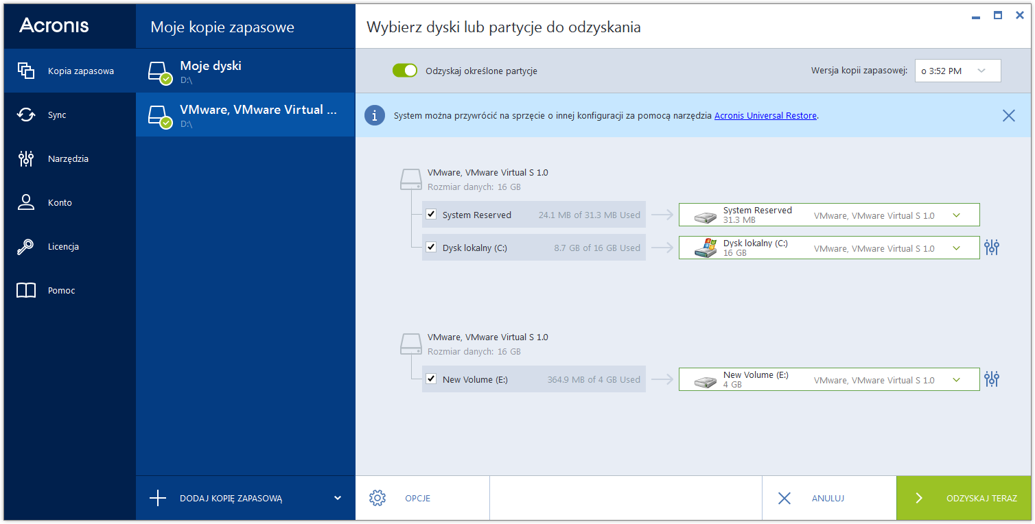 5.1.2 Odzyskiwanie partycji i dysków Dyski można odzyskiwać z kopii zapasowych znajdujących się w magazynie lokalnym, magazynie sieciowym lub magazynie Acronis Cloud.