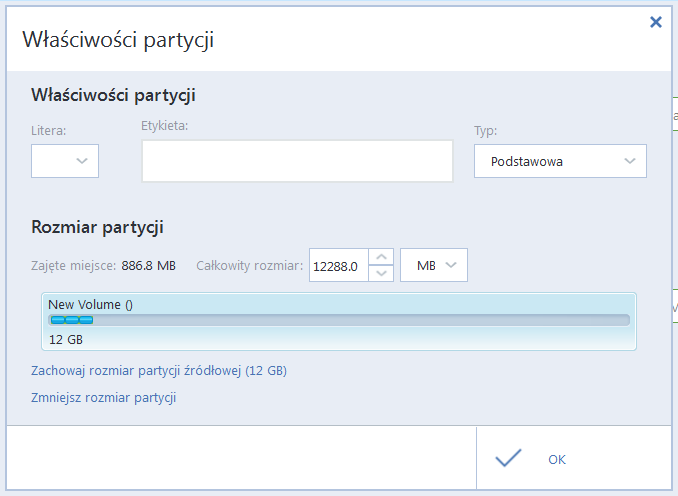 9. Kliknij łącze Właściwości partycji i określ ustawienia dla partycji. Wybierz literę dysku i typ partycji.