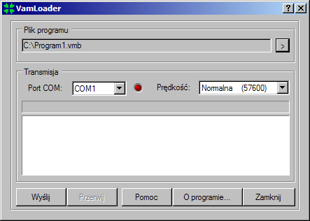 Interfejs Okno główne programu: Przycisk "Wyślij": Rozpoczyna wysyłanie pliku (programu) do Vamstera. Jest nieaktywny w trakcie transmisji.