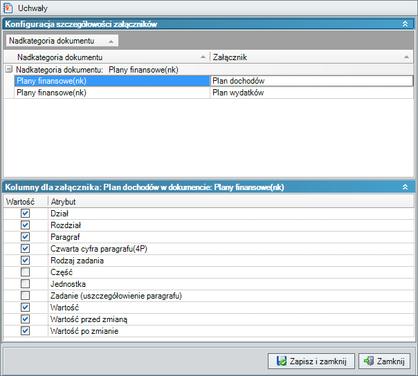 Wybór opcji Podgląd konfiguracji układu dokumentów wyświetli okno, w którym można sprawdzić, jaka jest szczegółowość poszczególnych załączników do Planu finansowego (rys. 40). Rysunek 40.