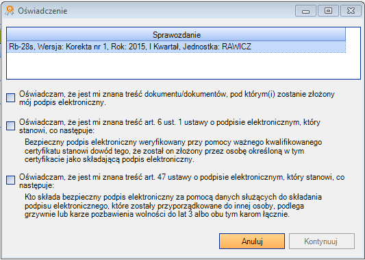 Rysunek 85. Okno wyboru Podpisu elektronicznego Przed złożeniem podpisu elektronicznego system wyświetli okno z Oświadczeniami (rys. 123) Rysunek 86.