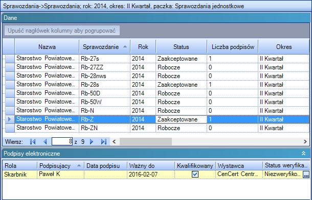 Należy pamiętać, że sprawozdania które mają zostać podpisywane podpisem elektronicznym muszą mieć zaznaczony status Zaakceptowane. Rysunek 91.