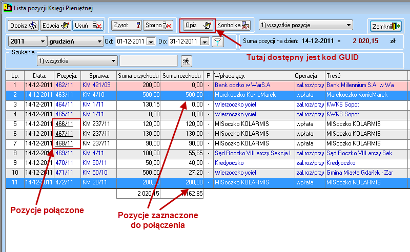 Jeśli istnieje potrzeba dodania pojedynczej pozycji do już połączonych można to zrobić poprzez edycje kodu GUID w danych pozycji KsP (przycisk