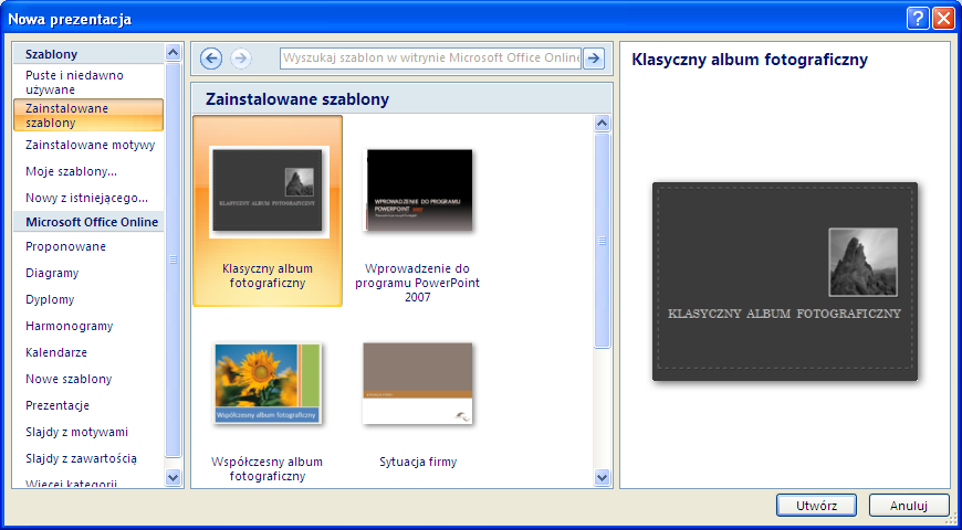 1.1.2 Tworzenie nowej prezentacji według domyślnego wzorca (szablonu) Rozpoczęcie pracy z Power Pointem wiąże się z utworzeniem nowej prezentacji.