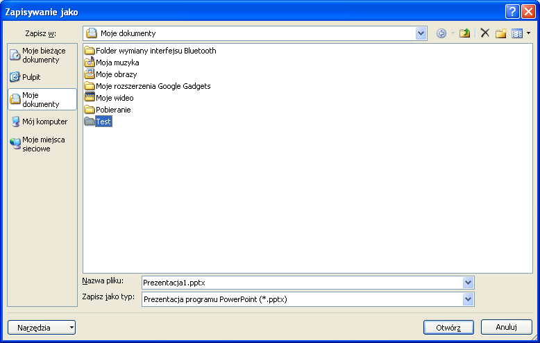 RYSUNEK 4 OKNO ZAPISZ JAKO... gdzie, w polu Zapisz w: wybieramy katalog (folder), w którym chcemy zapisać naszą tworzoną prezentację. Zgodnie z naszym przykładem będzie to folder o nazwie Test.