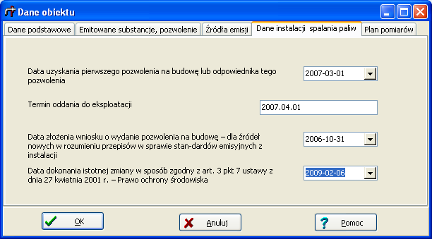 PROEKO R. Samoć Instrukcja programu "EMISJA" - 61 - Strona Dane instalacji spalania Na stronie tej wpisuje się lub uzupełnia dane o instalacji spalania paliw zgodnie z odpowiednim rozporządzeniem MŚ.