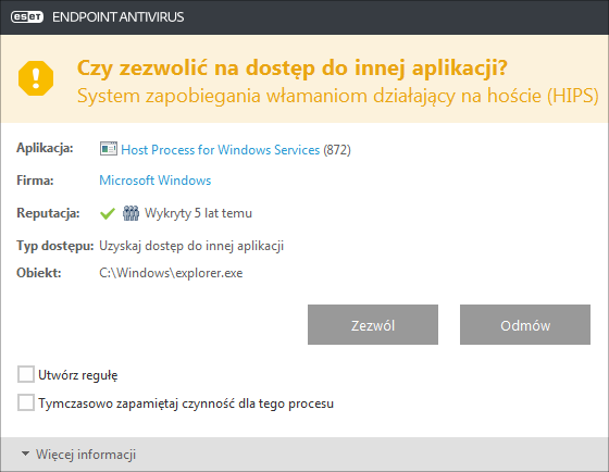 3.8.1.8.2 Okno interaktywne systemu HIPS Jeśli czynnością domyślną ustawioną dla danej reguły jest Pytaj, po każdym uruchomieniu danej reguły wyświetlone zostanie okno dialogowe.