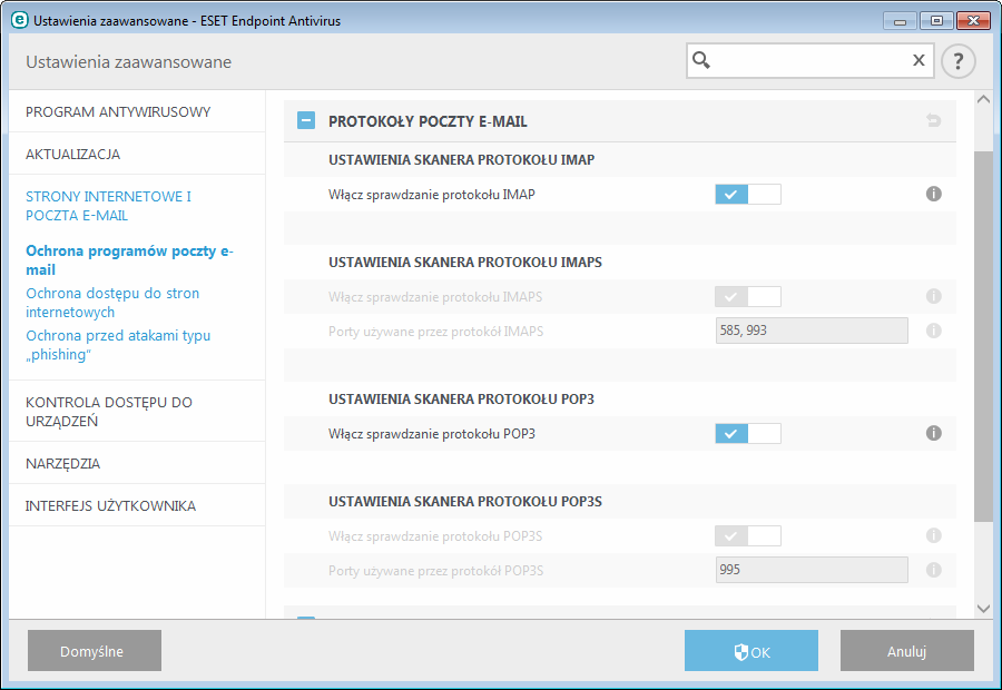 3.8.2.2.3 Alerty i powiadomienia W ramach ochrony poczty e-mail sprawdzana jest komunikacja przychodząca za pośrednictwem protokołów POP3 oraz IMAP.