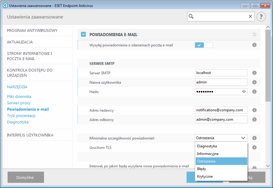 3.8.4.10 Powiadomienia e-mail Program ESET Endpoint Antivirus może automatycznie wysyłać powiadomienia e-mail po wystąpieniu zdarzenia o wybranym poziomie szczegółowości.