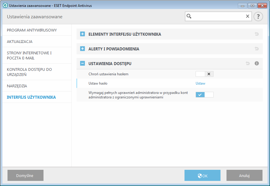 3.8.5.2 Ustawienia dostępu Aby zapewnić maksymalny poziom ochrony systemu, program ESET Endpoint Antivirus musi być prawidłowo skonfigurowany.