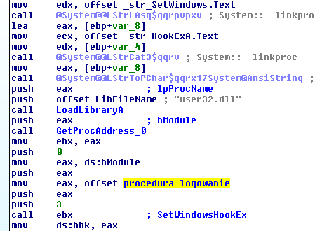 _In_ int idhook, //typ procedury = 3 = WH_GETMESSAGE _In_ HOOKPROC lpfn, //procedura_logowanie _In_ HINSTANCE hmod, _In_ DWORD dwthreadid //0 ); Keylogger korzysta między innymi z funkcji