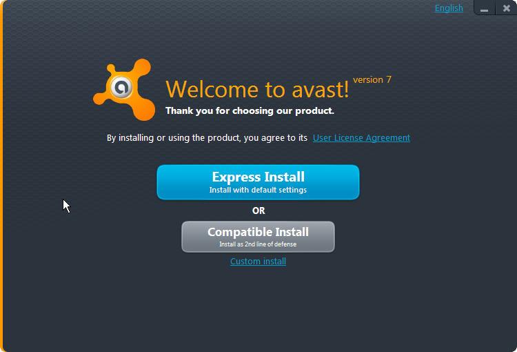 kliknięcie polecenia Uruchom otworzy ekran instalacji programu avast: W prawym górnym rogu można wybrać preferowany język instalacji. Następnie można wybrać typ instalacji.