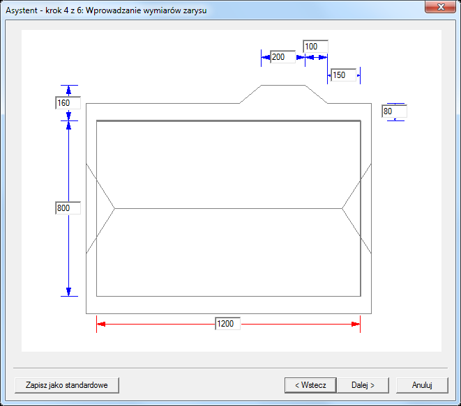 Asystent 6.2.5 Wprowadzanie wymiarów rzutu zarysu krok 4 z 6 Wprowadzanie wymiarów rzutu zarysu odbywa się tylko w dostępnych polach edycji.