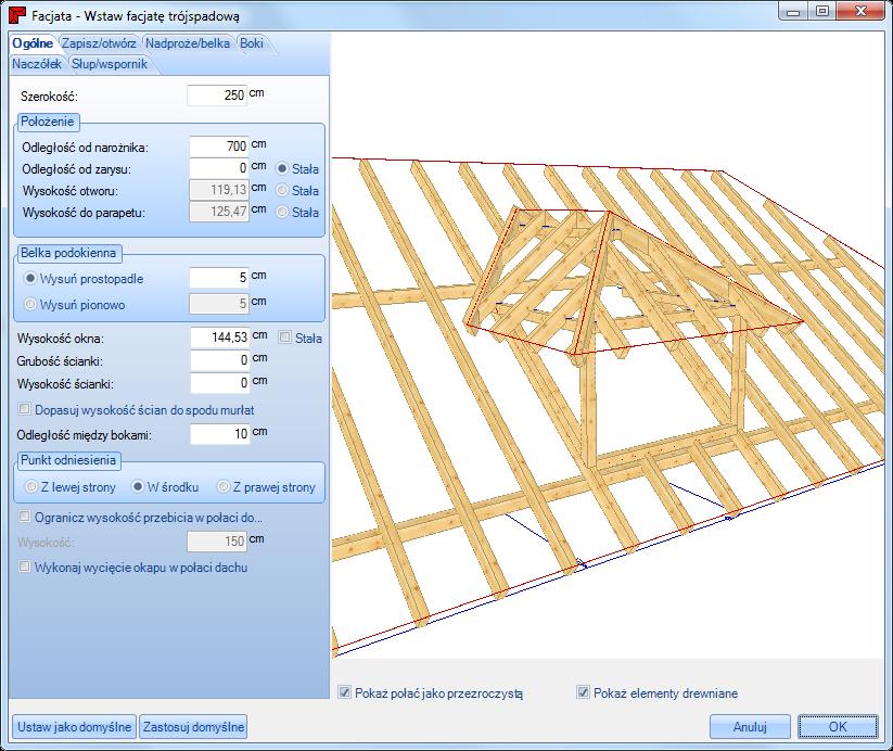 Przykład 1: Asystent-Dach czterospadowy Jeśli wszystkie parametry i elementy zostały podane i określone należy zamknąć okno dialogowe naciskając przycisk OK.