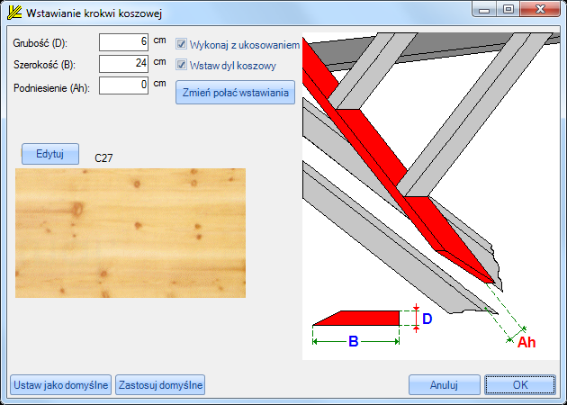 Po zaznaczeniu krawędzi koszowej dachu, otworzy się podobne jak poprzednio opisane okno dialogowe z tą różnicą, że dla krokwi koszowej.