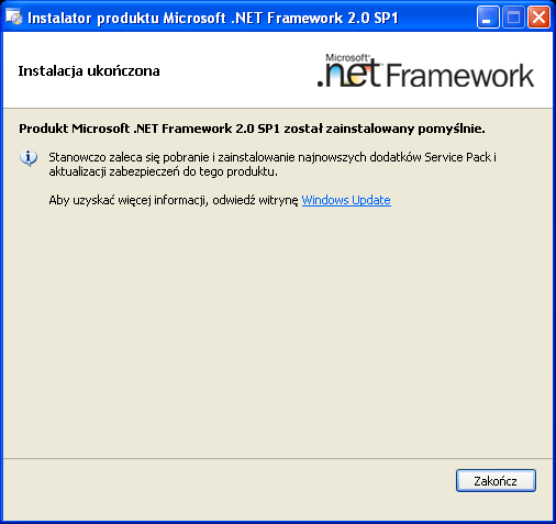 Instalacja Teraz nastąpi właściwa instalacja wymaganych składników dodatkowego komponentu.net Framework 2. W zależności od konfiguracji komputera proces ten może potrwać kilka minut.