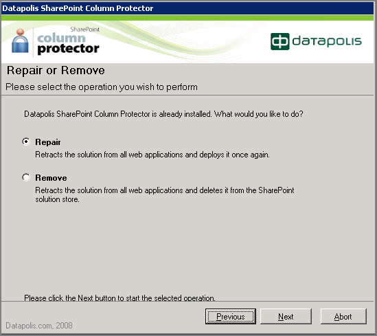 1.4 Naprawianie/usuwanie SCP Jeśli z jakiegoś powodu - usuniętych plików, uaktualnienia bądź awarii - chcesz naprawid instalację SharePoint Column Protectora, uruchom instalator, jak opisano powyżej