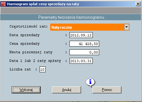 2.0 Harmonogram spłaty dla kredytu/poŝyczki bez wpłaty początkowej. Decyzja 12-09-2012r.