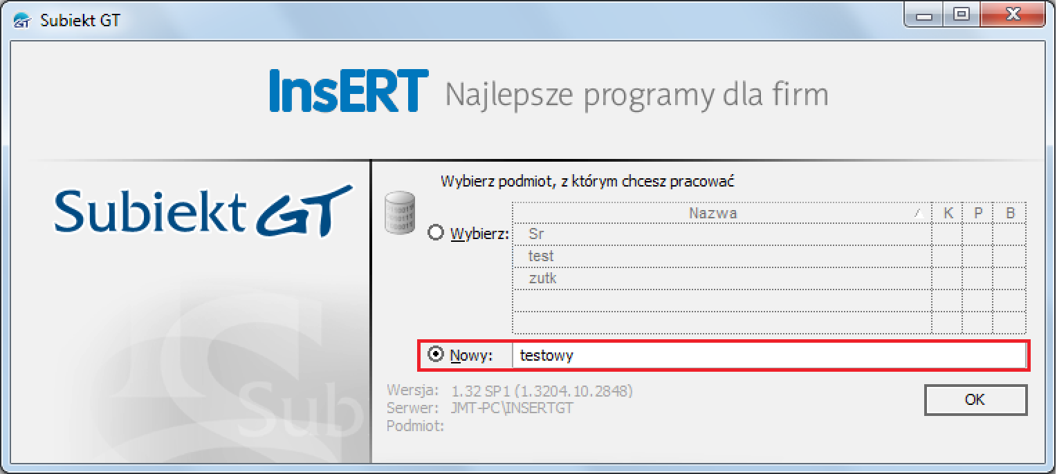 2.2 Zakładanie podmiotu testowego Program można również przetestować na testowym podmiocie subiekta.