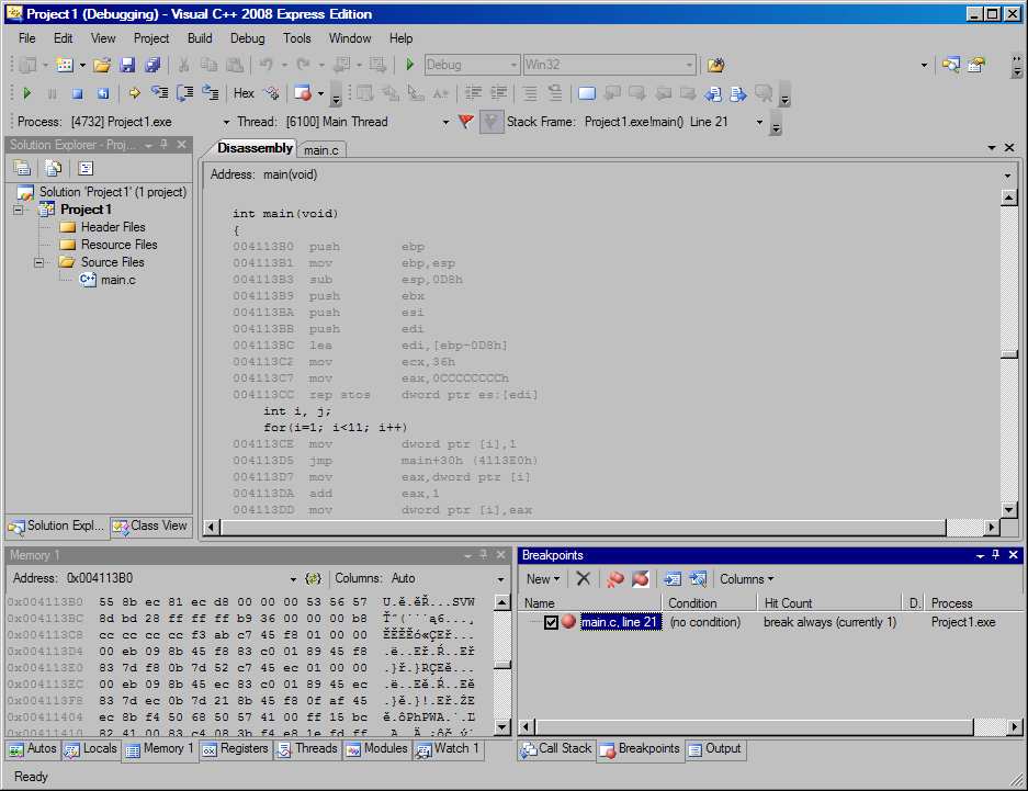 Środowisko pracy: Microsoft Visual C++ 2008 Express 1a. Aktualny punkt wykonywania programu 4. Output programu 1b. Miejsce zastawienia pułapki 3. Podgląd zmiennych 2. Pułapka w linii 21. Bezwarunkowa.