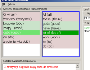 Rysunek A.13: Łączenie słów: stan po połączeniu słów lot i of 2. Wybór słownika domyślnego Tłumaczenia, które użytkownik chce zapamiętać zapisywane są do tzw. słownika domyślnego. Użytkownik może zmienić słownik domyślny w dowolnym momencie działania programu.