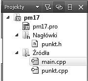 Programowanie generyczne w Qt 31 Fragment obszaru edytora Qt ma postać: Rys. 26. Schemat projektu pm17 W naszym nowym projekcie tworzymy pięć plików: punkt.h punkt.