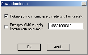 Pod listą zdarzeń widoczne są informacje o stanie systemu: status połączenia z modemem przez port COM (Port połączony, Terminal podłączony), wskaźnik poziomu sygnału radiowego sieci GSM, liczba