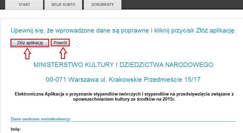 Jeśli Elektroniczna Aplikacja zawiera błędy pojawi się taki sam komunikat opisany w opisie Krok 4. Wypełnij Elektroniczną Aplikację w punkcie 3 (rys 