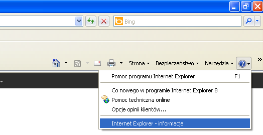 Następnie z listy rozwijanej wybrać pozycję Internet Explorer informacje (rys.