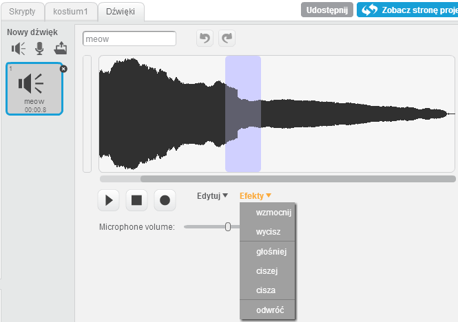 Dźwięki duszka Po wybraniu karty Dźwięki możemy zmieniać i dodawać dźwięki dla duszka. Mamy możliwość dodawania nowych dźwięków oraz ich obróbki.