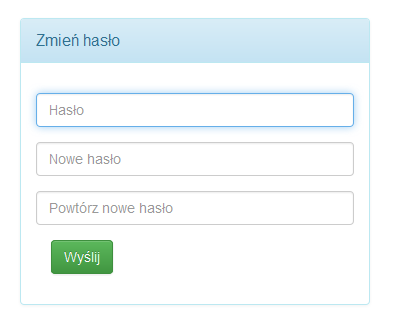 Zakładka Zmiana hasła pozwała na ustanowienie nowego hasła do portalu. W celu ustanowienia nowego hasła, niezbędne jest podanie obecnego.
