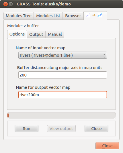 Rysunek 16.8: GRASS Toolbox and Module Tree A complete list of GRASS modules available in the graphical Toolbox in QGIS version 2.0 is available in the GRASS wiki (http://grass.osgeo.