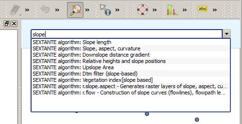 Rysunek 17.31: The SEXTANTE Commander SEXTANTE algorithms. They are shown as SEXTANTE algorithm: <name of the algorithm>. Menu items. They are shown as Menu item: <menu entry text>.