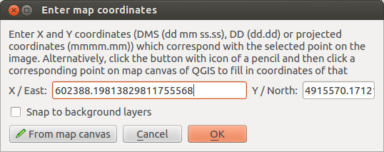 Rysunek 19.13: Georeferencer Plugin Dialog 2. Using the Add Point button, add points to the main working area and enter their coordinates (see Figure figure_georeferencer_2).