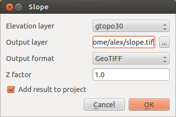 Rysunek 19.20: Raster Terrain Modelling Plugin (slope calculation) 4. Specify an output file path, and an output file type. 5. Click [OK]. 19.14 Heatmap Plugin The Heatmap plugin uses Kernel Density Estimation to create a density (heatmap) raster of an input point vector layer.