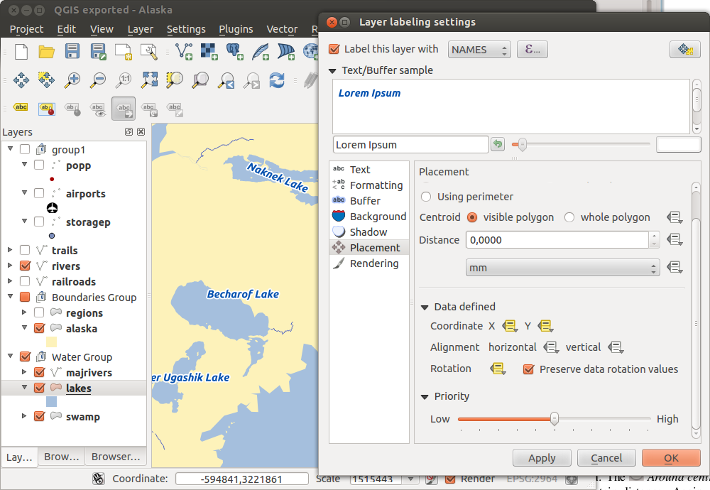 Rysunek 12.16: Smart labeling of vector polygon layers 5. Go to the Label toolbar and klick the Icon. Now you can shift the label manually to another position (see figure_labels_5 ).