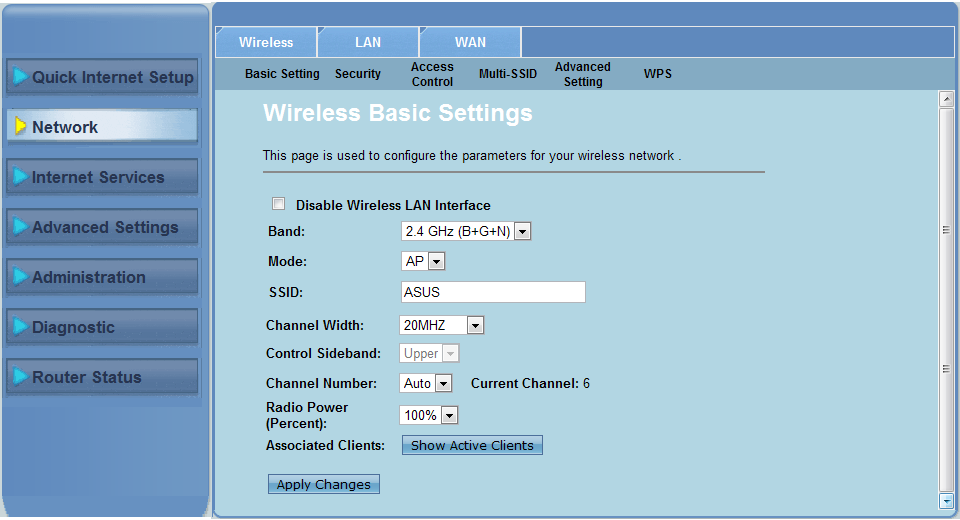 4 Konfiguracja poprzez web GUI Konfiguracja ustawień sieci Strona Network (Sieć) umożliwia konfigurację ustawień tych trzech rodzajów sieci: Wireless (Bezprzewodowa), LAN i WAN.