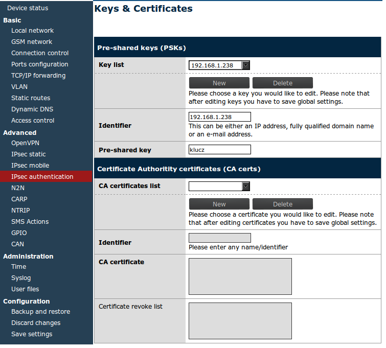Aby móc wykorzystać certyfikat w modemie ELT należy zdjąć hasło z klucza prywatnego: openssl rsa -in private/urzadzenie1key.pem -out private/urzadzenie1key.