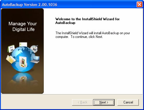 Rysunek 12: Okno Welcome (Zapraszamy) oprogramowania AutoBackup Krok 6: Kliknij przycisk Next (Dalej). Oprogramowanie AutoBackup wymaga zainstalowania systemu Microsoft.NET Framework 1.