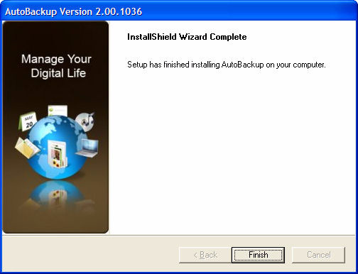 Complete (Działanie Kreatora InstallShield zostało ukończone) programu AutoBackup Krok 8: Kliknij przycisk Finish (Zakończ), aby