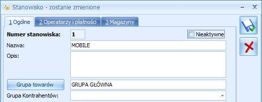 Dla nowego stanowiska definiujemy pola na trzech zakładkach. Ogólne: Numer stanowiska nadawany automatycznie przez program.