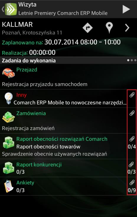 Aby załącznik został pobrany przy imporcie wizyty handlowej z Comarch ERP XL należy zaznaczyć na liście załączników opcję dostępności w Mobile Sprzedaż. 4.