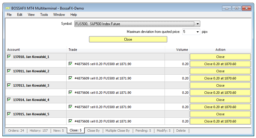 S t r o n a 20 D) Zakładka Close Za pomocą zakładki możemy zamykać wybrane pozycje na wybranych rachunkach lub dokonać zagregowanego zamknięcia.