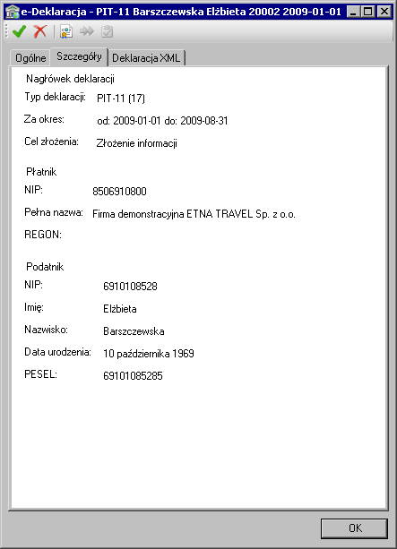 Raporty i zestawienia 14 29 Rys. 14-44 Okno informacji o e-deklaracji panel Ogólne po wygenerowaniu e-deklaracji.
