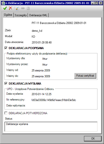 Raporty i zestawienia 14 31 Rys. 14-48 Okno informacji o e-deklaracji panel Ogólne po wysłaniu e-deklaracji. Po wysłaniu e-deklaracji pole Deklaracja wysłana zostaje automatycznie zaznaczone.