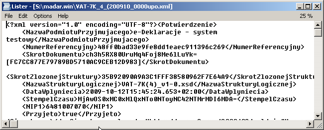 4.1 Deklaracje 104 programu katalogu pod nazwą zbudowaną jako nazwa deklaracji - data złożenia - status.xml, na przykład: VAT-7K_4_(200910_0000status.