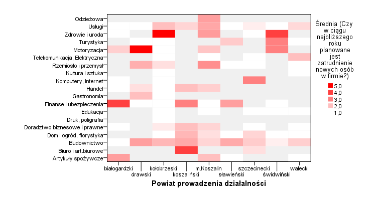 Mapa natężeń 37. Badanie własne. N=800. Największy potencjał zatrudnieniowy w subregionie koszalińskim reprezentują branże zdrowie i uroda (p.