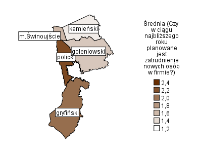 Mapa natężeń 40. Badanie własne. N=800. W subregionie szczecińskim najlepiej w ocenach wypada powiat policki (2,4), najgorzej zaś powiaty kamieński (1,2).