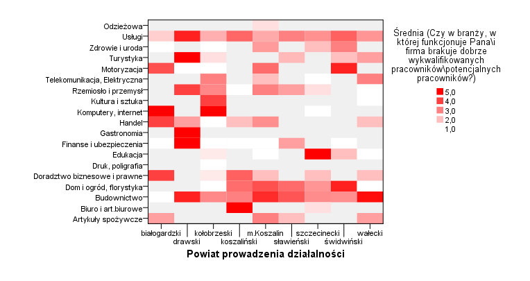 Mapa natężeń 45. Badanie własne. N=800. Deficyt w subregionie koszalińskim zauważyć można wśród branży usługowej (p. drawski), turystycznej (p. drawski), motoryzacyjnej (p.