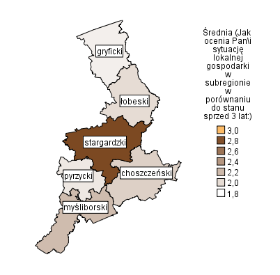 Mapa natężeń 4. Badanie własne. N = 800. W subregionie stargardzkim najlepiej w ocenach wypada powiat stargardzki (2,8), najgorzej zaś powiaty gryficki oraz pyrzycki.